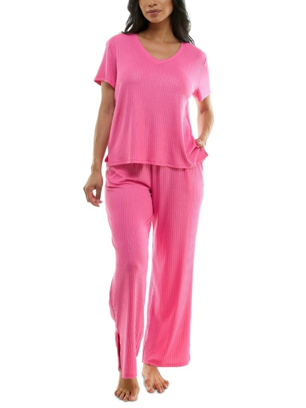 #2331 Roudelain Ribbed Glitter-Print Short-Sleeve Pajama Set - Dark Pink